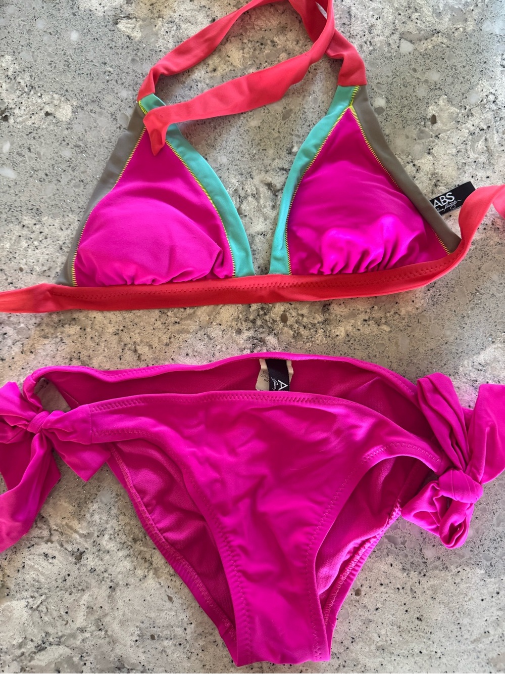 Macy's NWOT Hot Pink Colorblock Halter Bikini with Coral and Aqua Trim